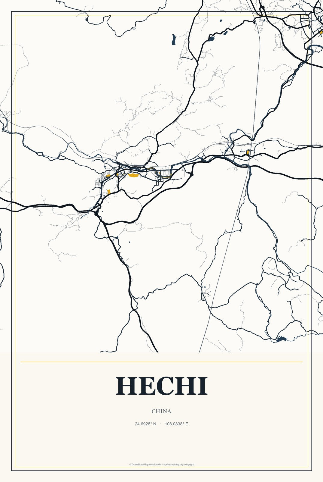 Hechi, China City Map Aluminum Sign in Citrine Modern style