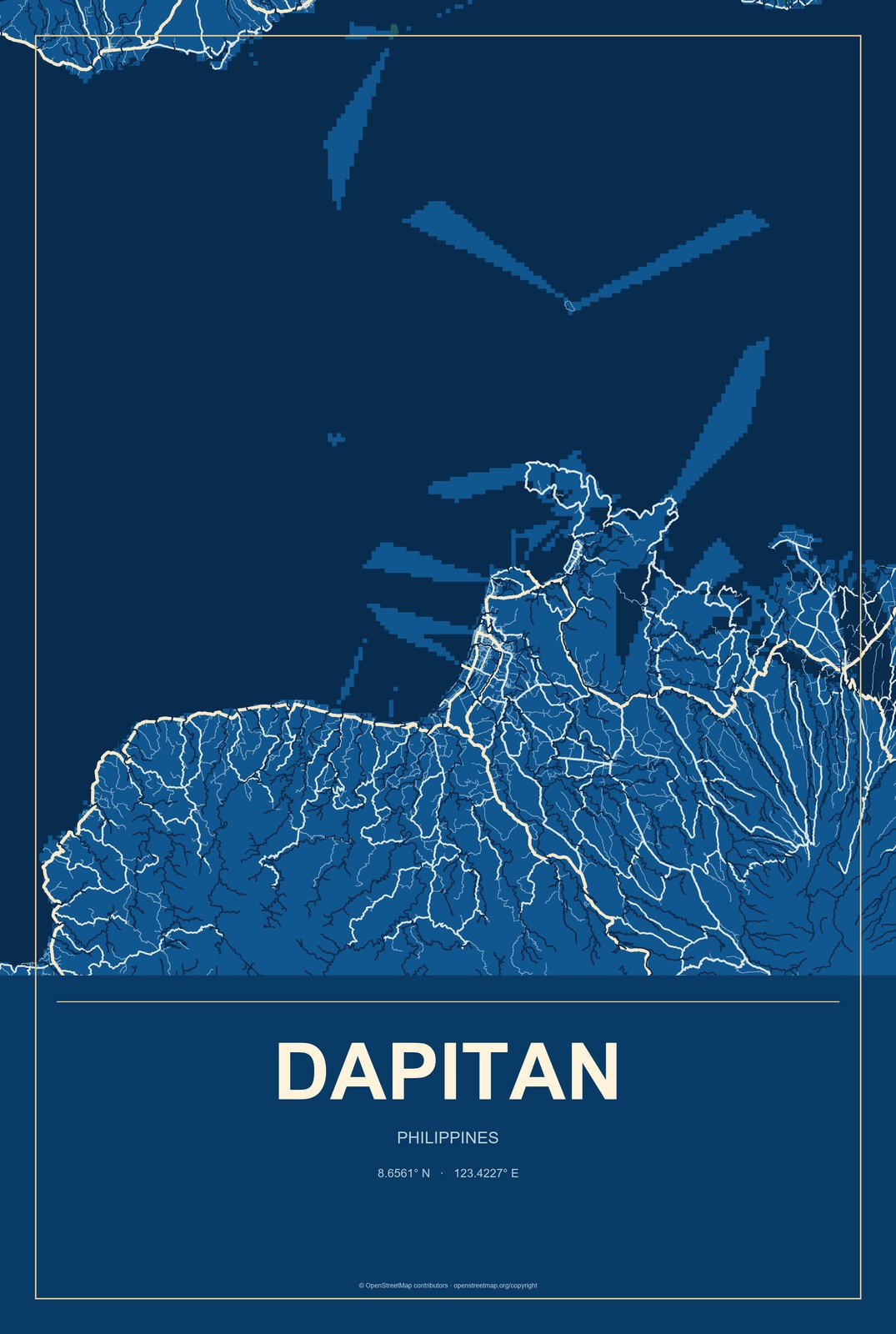 Dapitan, Philippines City Map Aluminum Sign in Harbor Cobalt style