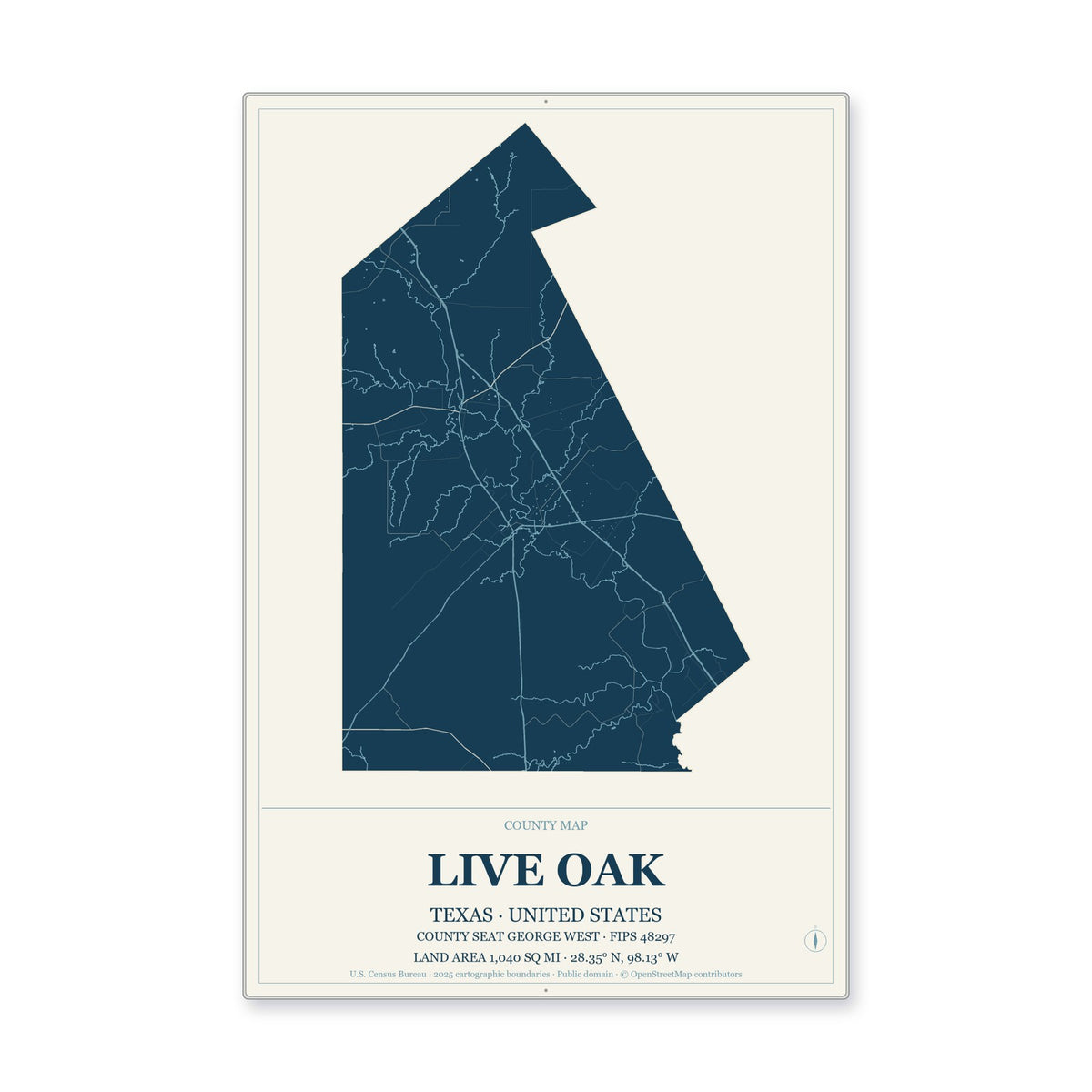 Live Oak County, Texas Map Aluminum Sign in Coastal Cutout style