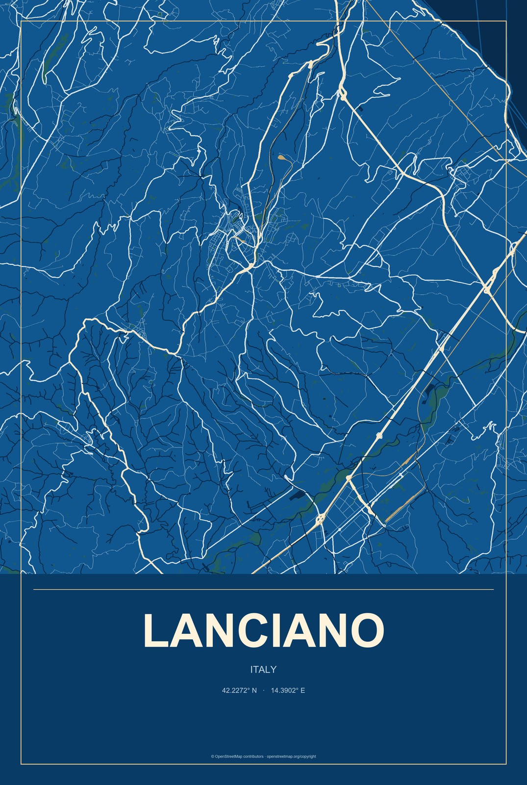 Lanciano, Italy City Map Aluminum Sign in Harbor Cobalt style