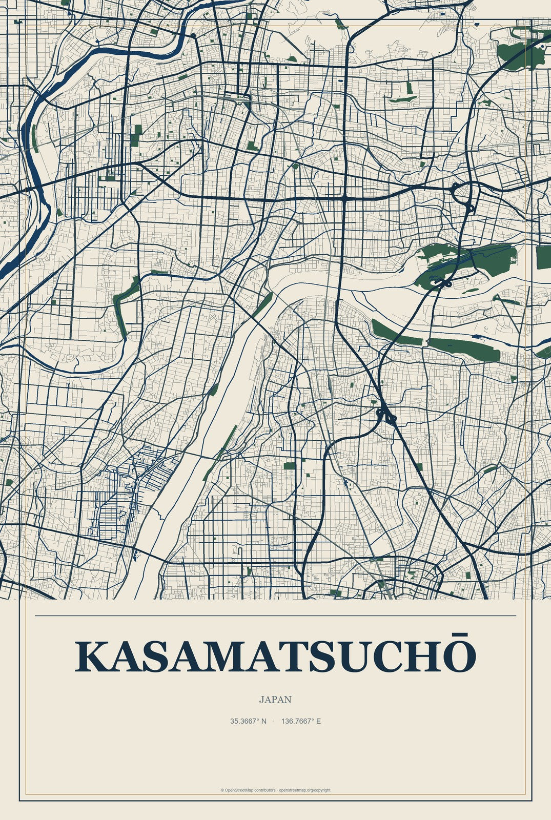 Kasamatsuchō, Japan City Map Aluminum Sign in Coastal Cutout style