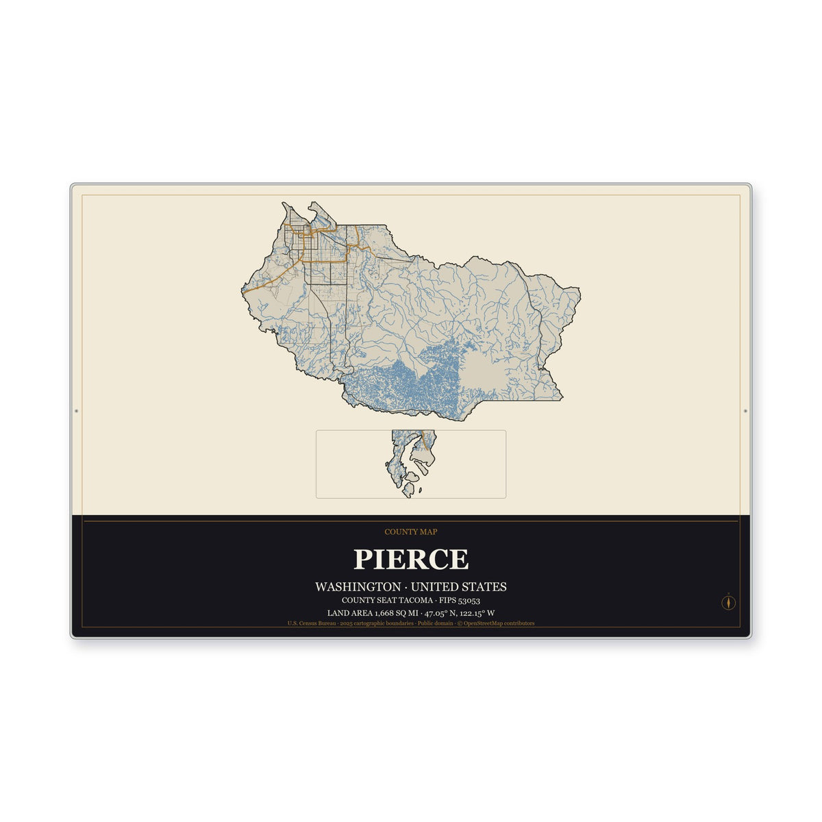 Pierce County, Washington Map Aluminum Sign in Museum Plaque style
