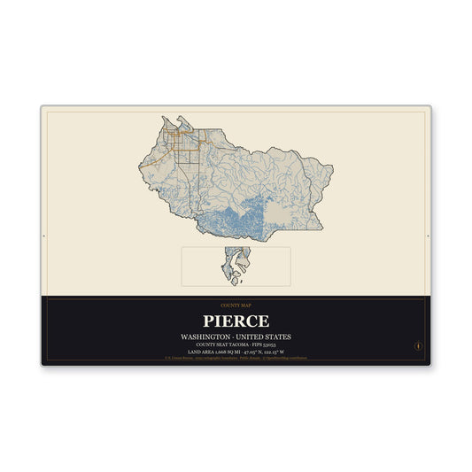 Pierce County, Washington Map Aluminum Sign in Museum Plaque style