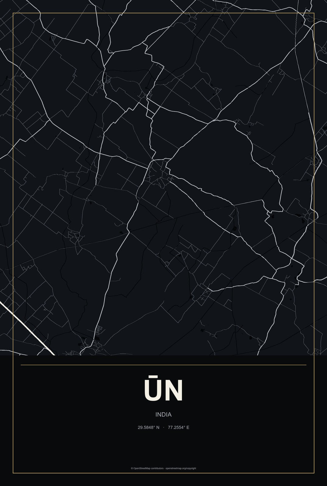 Ūn, India City Map Aluminum Sign in Metropolitan Noir style