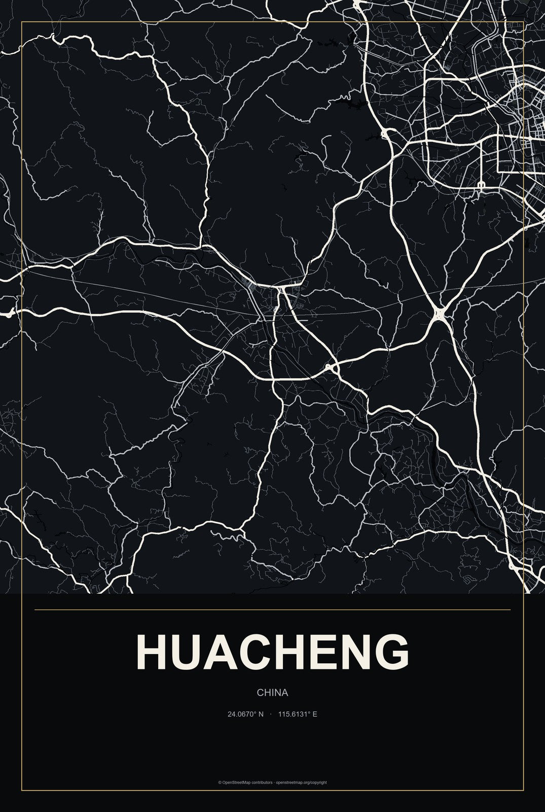 Huacheng, China City Map Aluminum Sign in Metropolitan Noir style