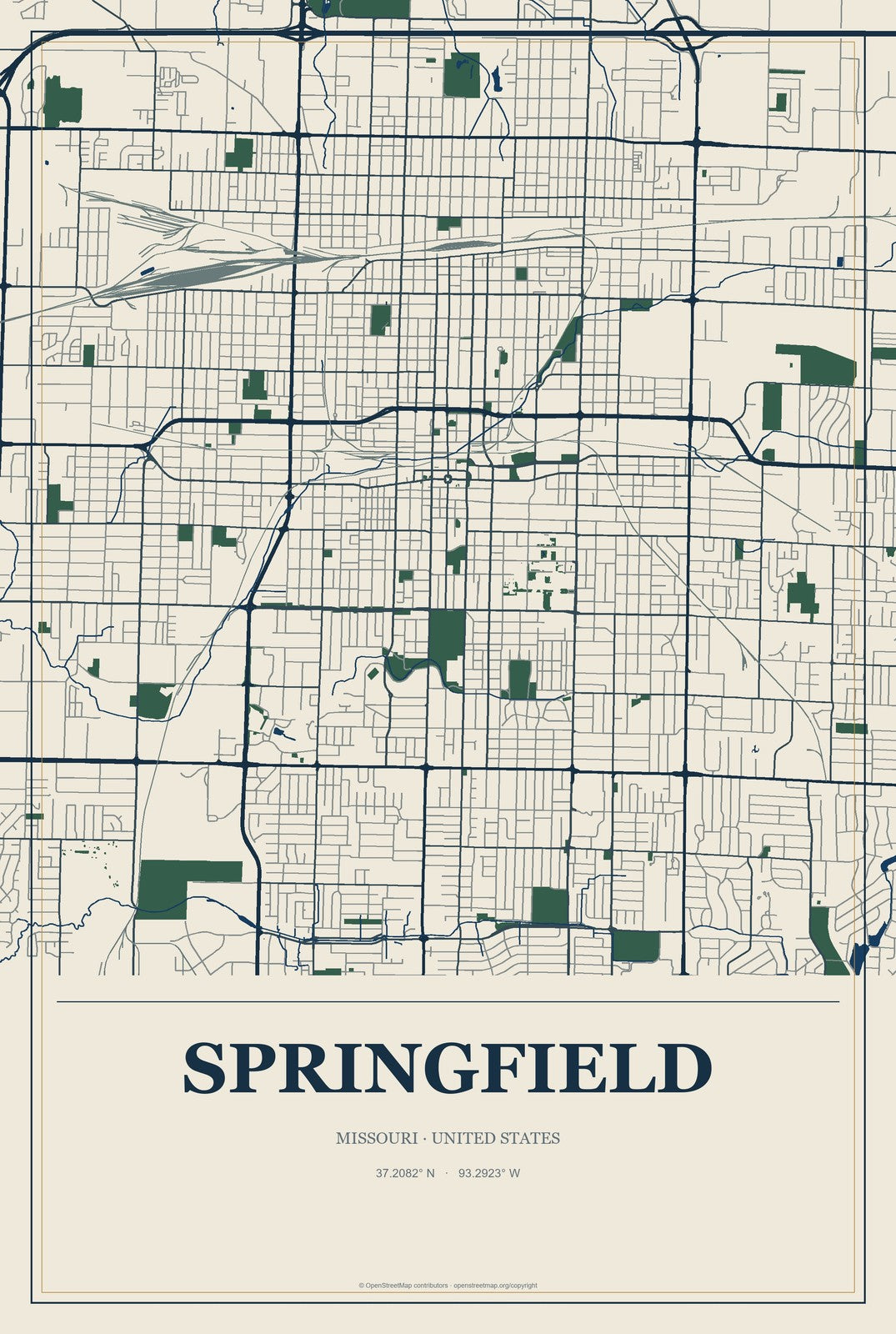 Springfield, Missouri City Map Aluminum Sign in Coastal Cutout style