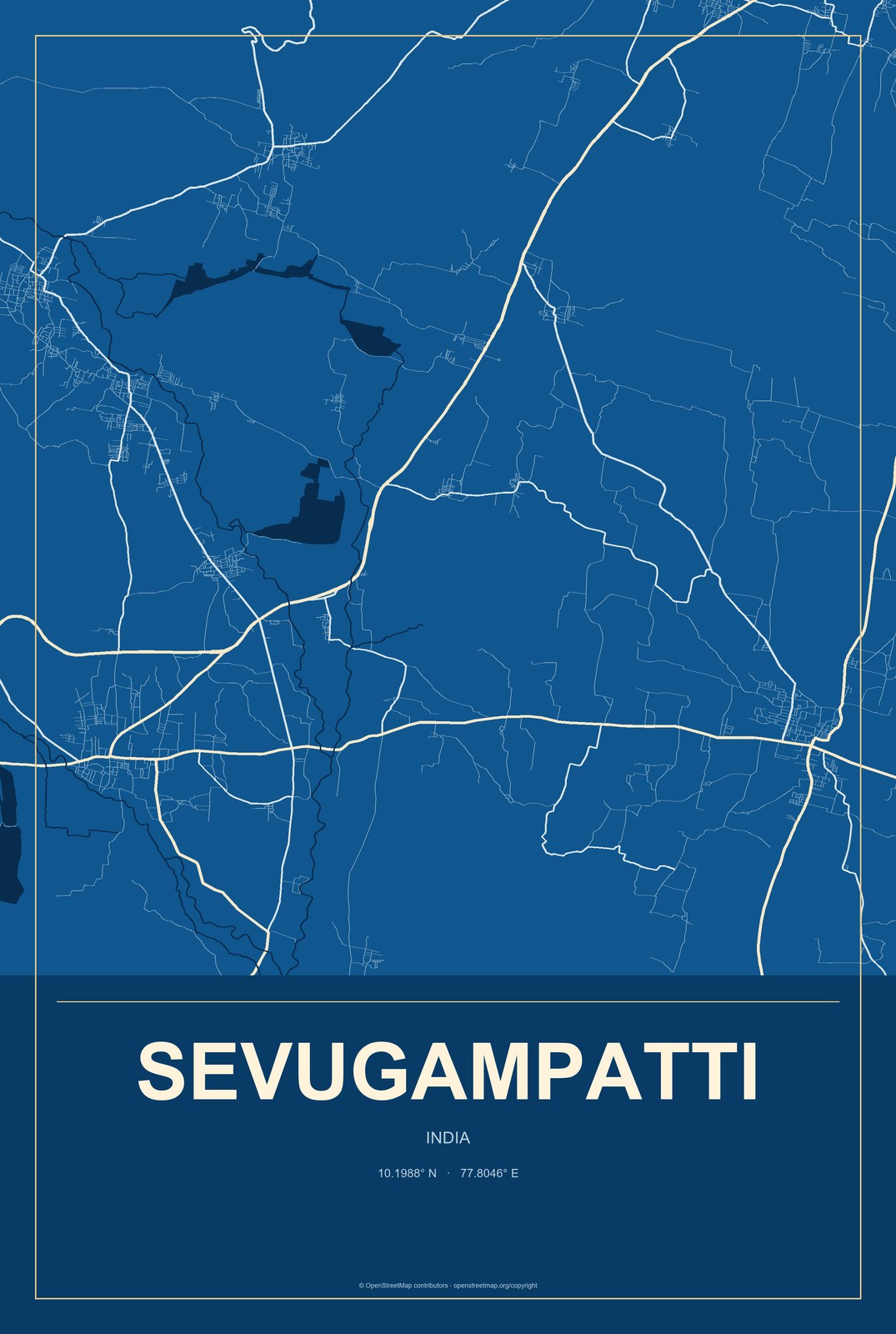 Sevugampatti, India City Map Aluminum Sign in Harbor Cobalt style