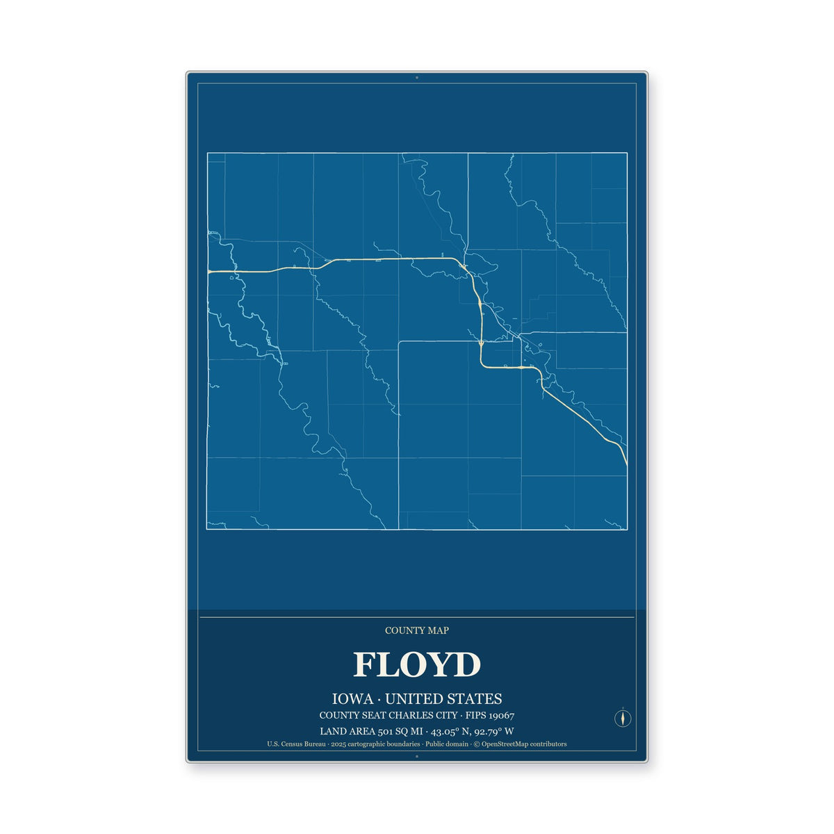 Floyd County, Iowa Map Aluminum Sign in Harbor Cobalt style