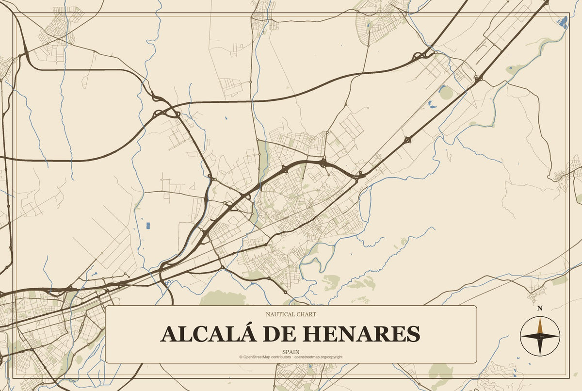 Alcalá de Henares, Spain City Map Aluminum Sign in Heritage Nautical style