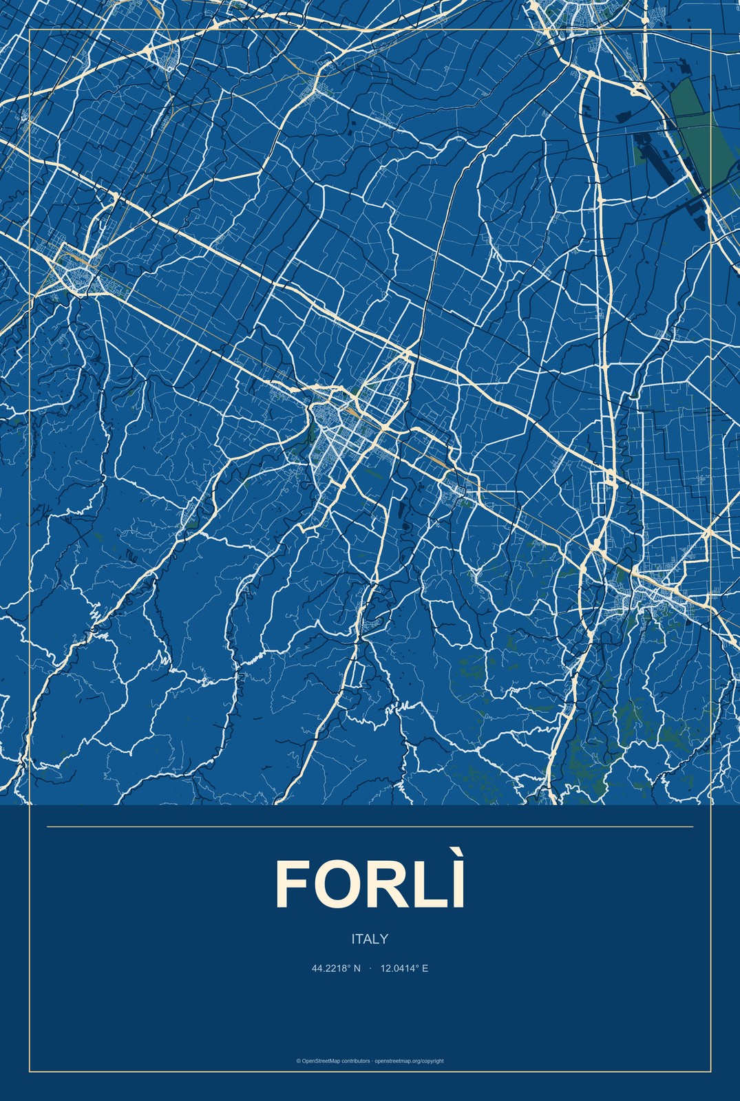 Forlì, Italy City Map Aluminum Sign in Harbor Cobalt style