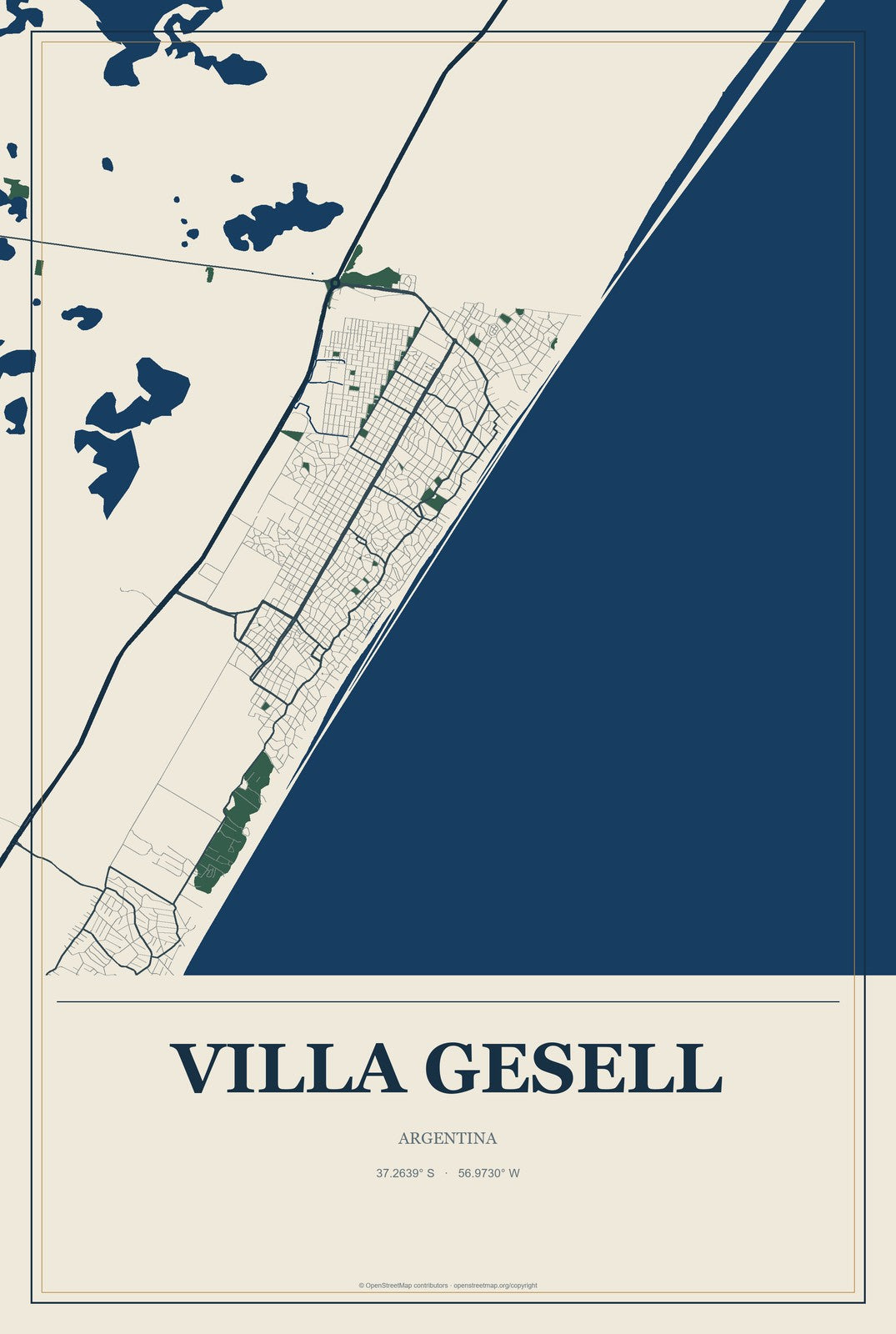 Villa Gesell, Argentina City Map Aluminum Sign in Coastal Cutout style