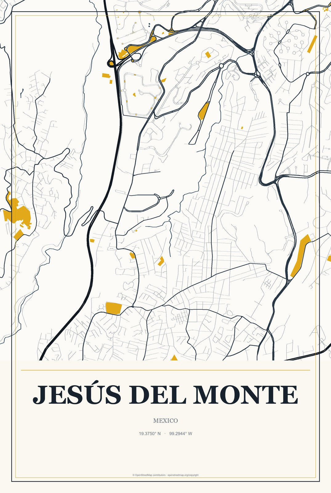 Jesús del Monte, Mexico City Map Aluminum Sign in Citrine Modern style