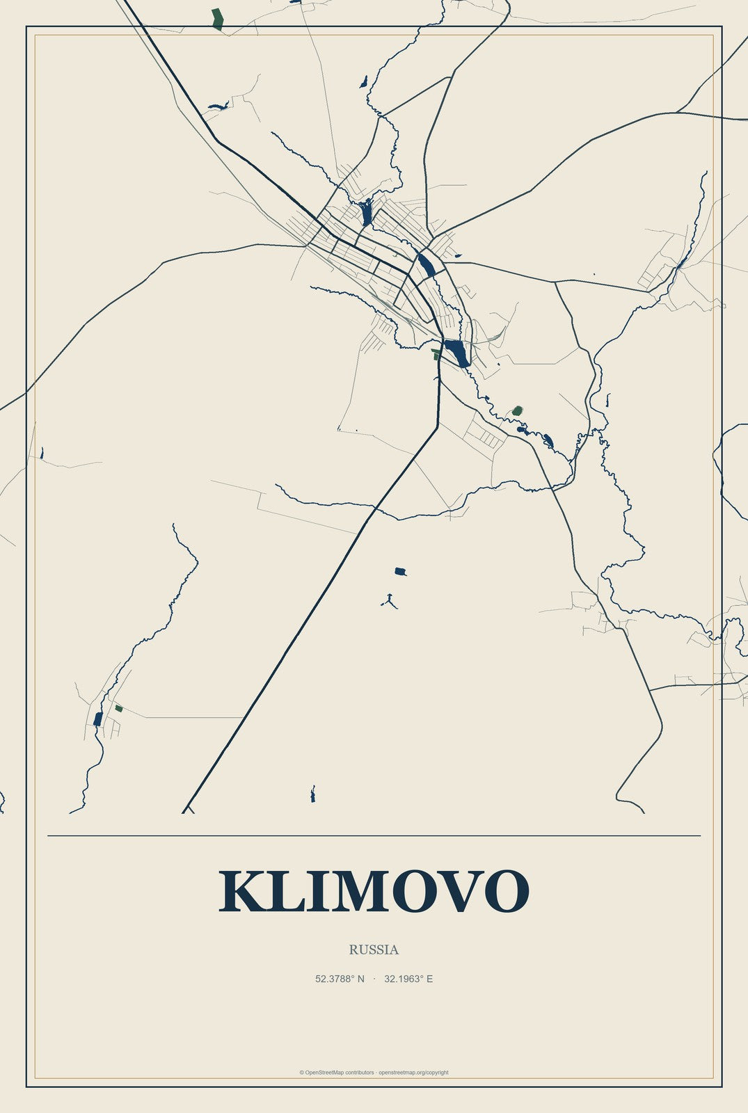 Klimovo, Russia City Map Aluminum Sign in Coastal Cutout style