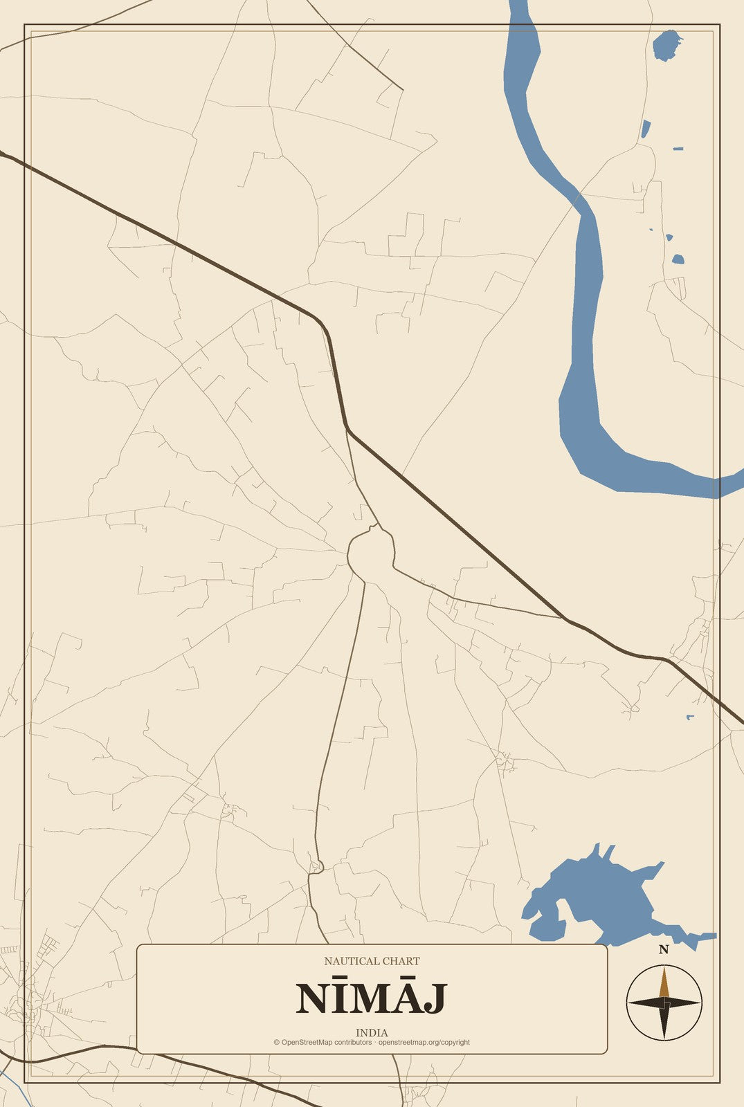 Nīmāj, India City Map Aluminum Sign in Heritage Nautical style