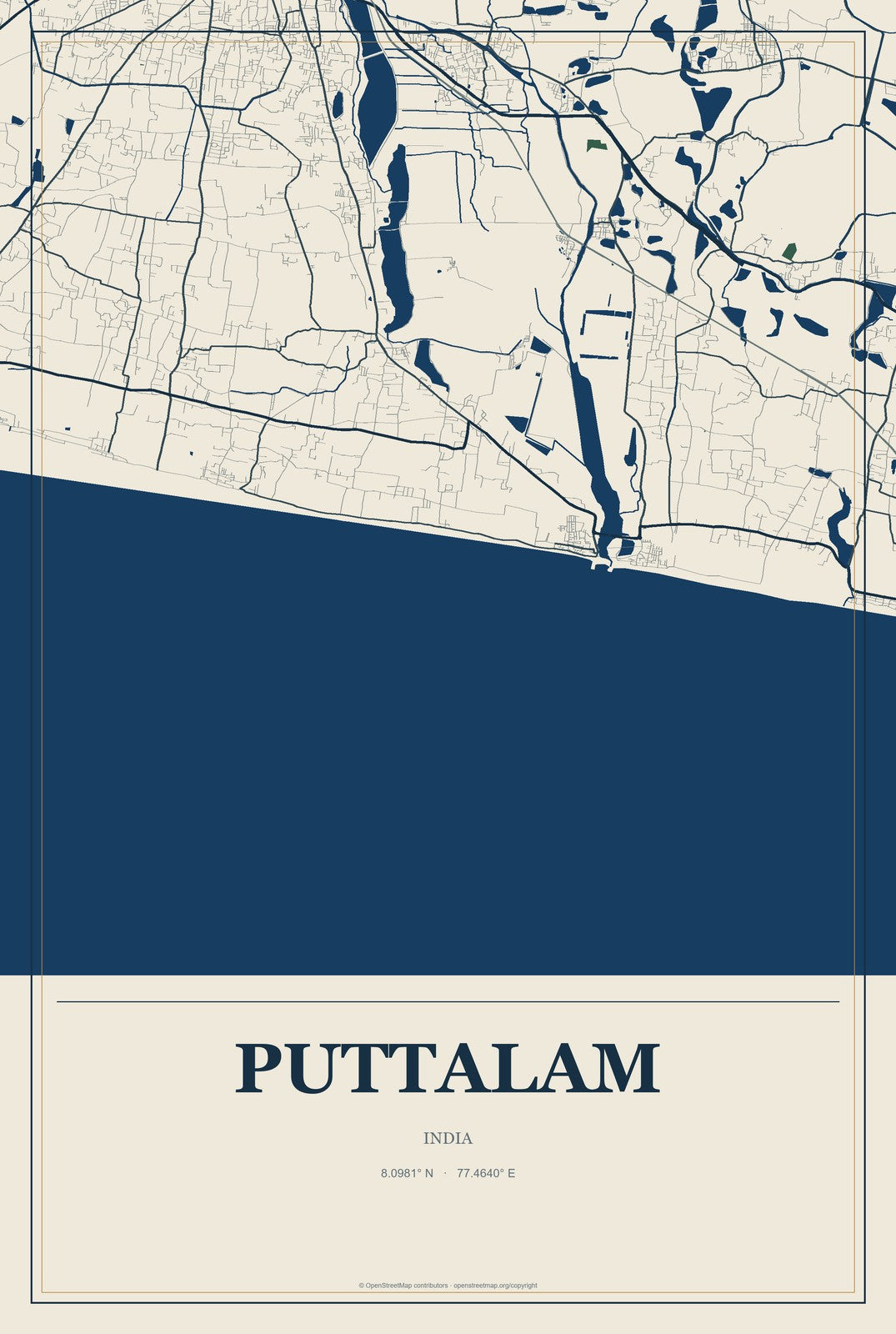 Puttalam, India City Map Aluminum Sign in Coastal Cutout style