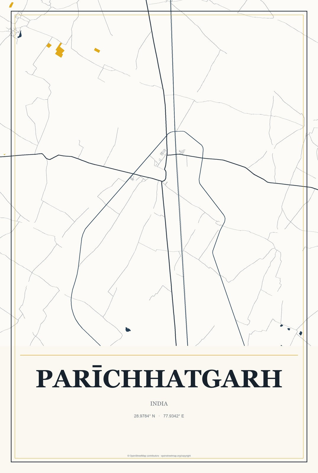 Parīchhatgarh, India City Map Aluminum Sign in Citrine Modern style