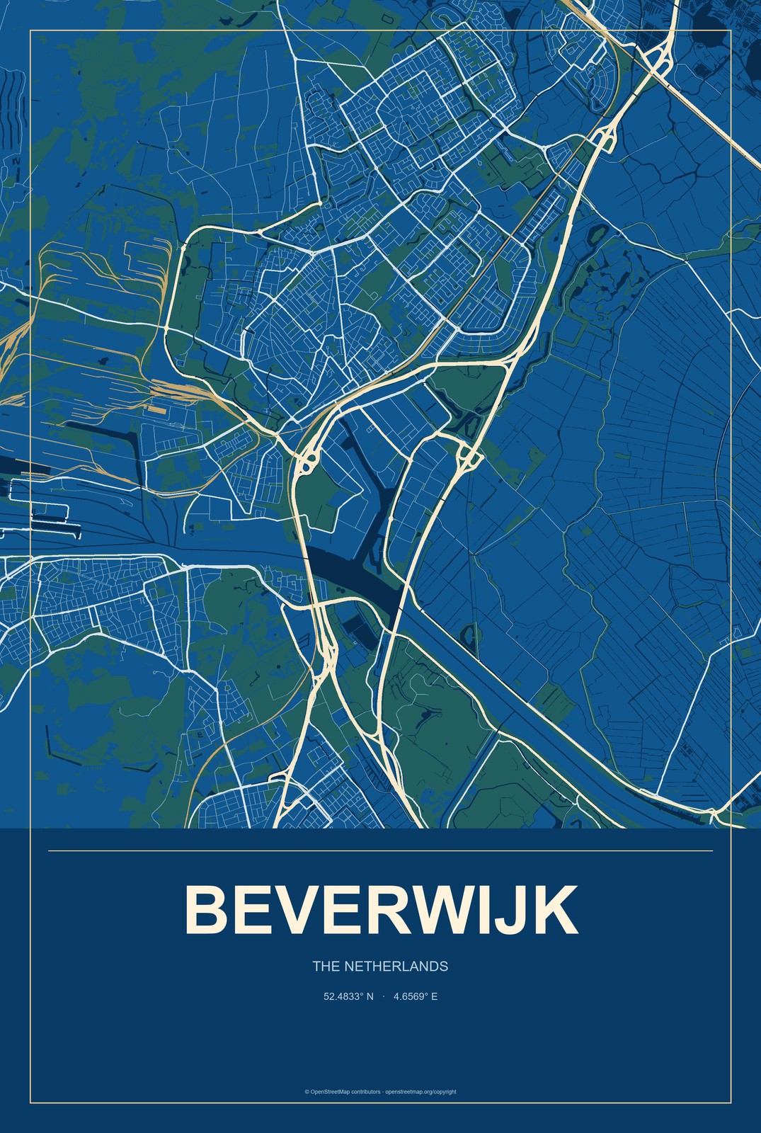 Beverwijk, The Netherlands City Map Aluminum Sign in Harbor Cobalt style