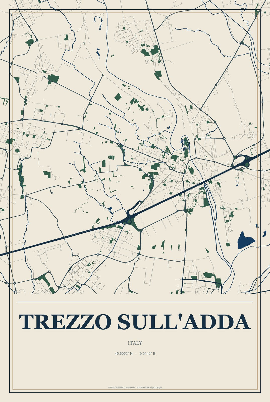 Trezzo sull'Adda, Italy City Map Aluminum Sign in Coastal Cutout style