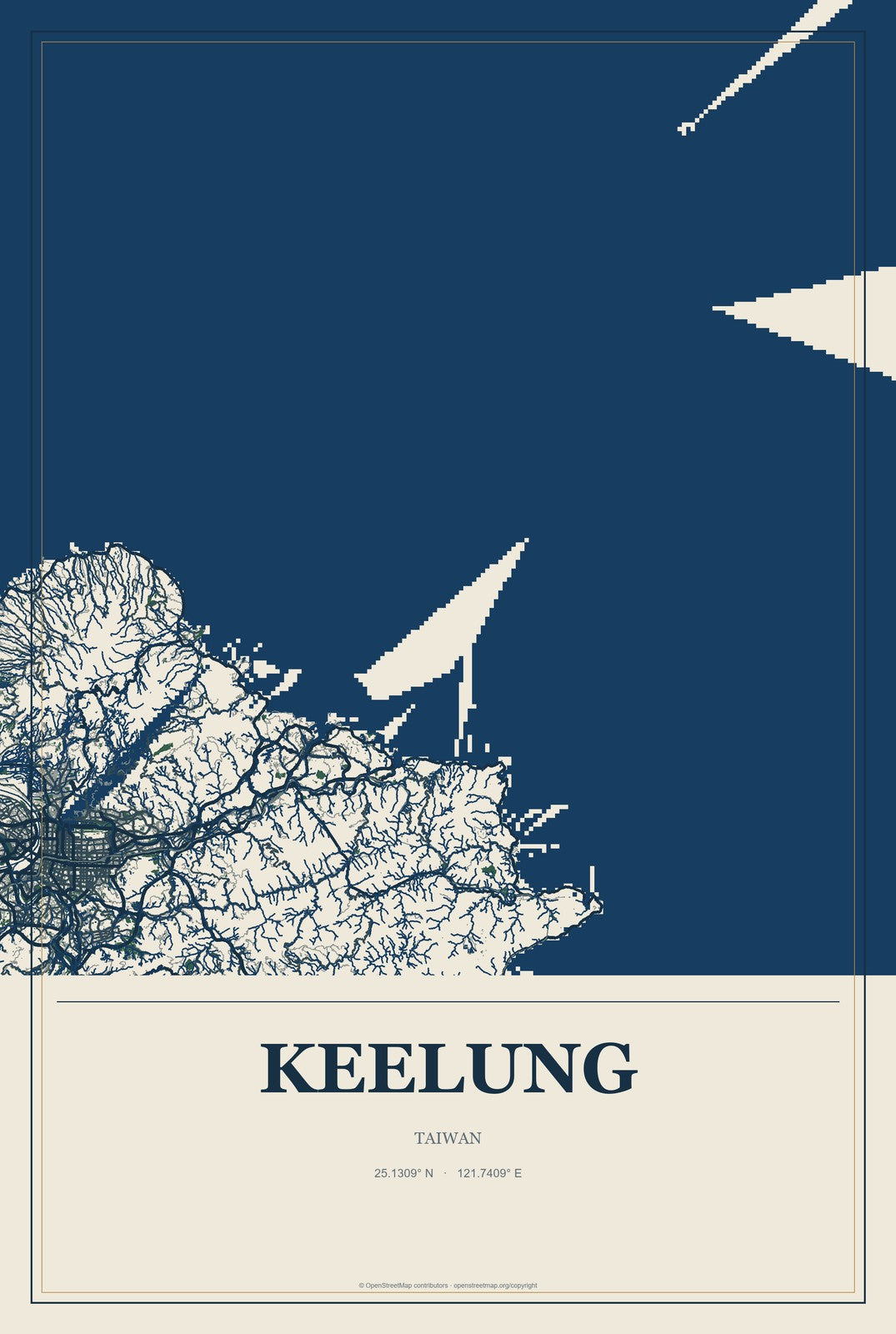 Keelung, Taiwan City Map Aluminum Sign in Coastal Cutout style