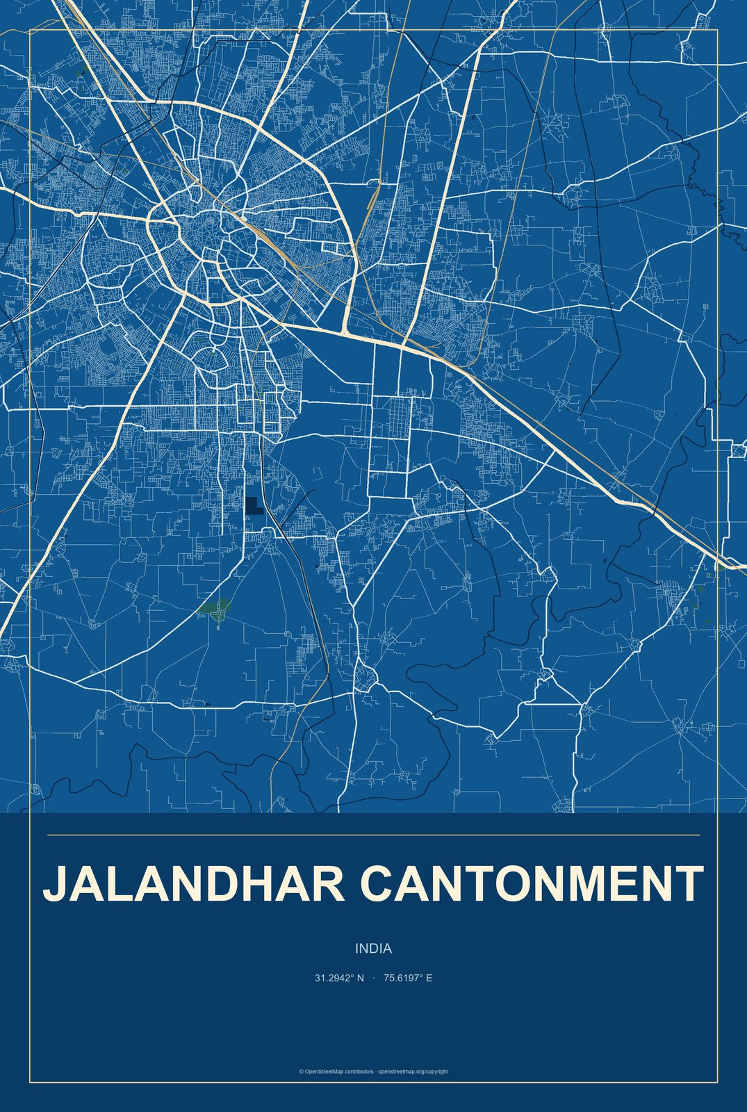 Jalandhar Cantonment, India City Map Aluminum Sign in Harbor Cobalt style