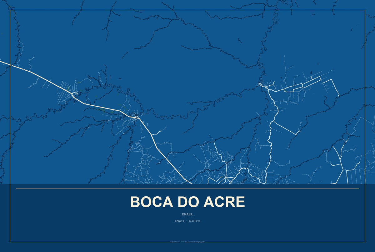 Boca do Acre, Brazil City Map Aluminum Sign in Harbor Cobalt style