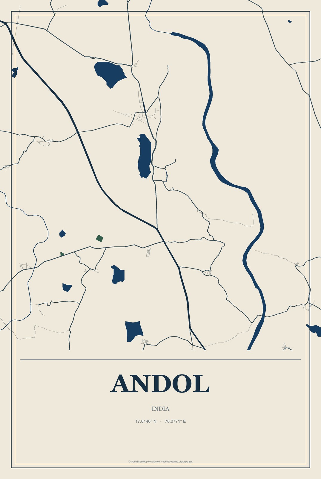 Andol, India City Map Aluminum Sign in Coastal Cutout style