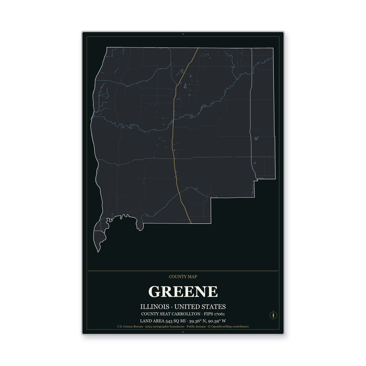Greene County, Illinois Map Aluminum Sign in Metropolitan Noir style