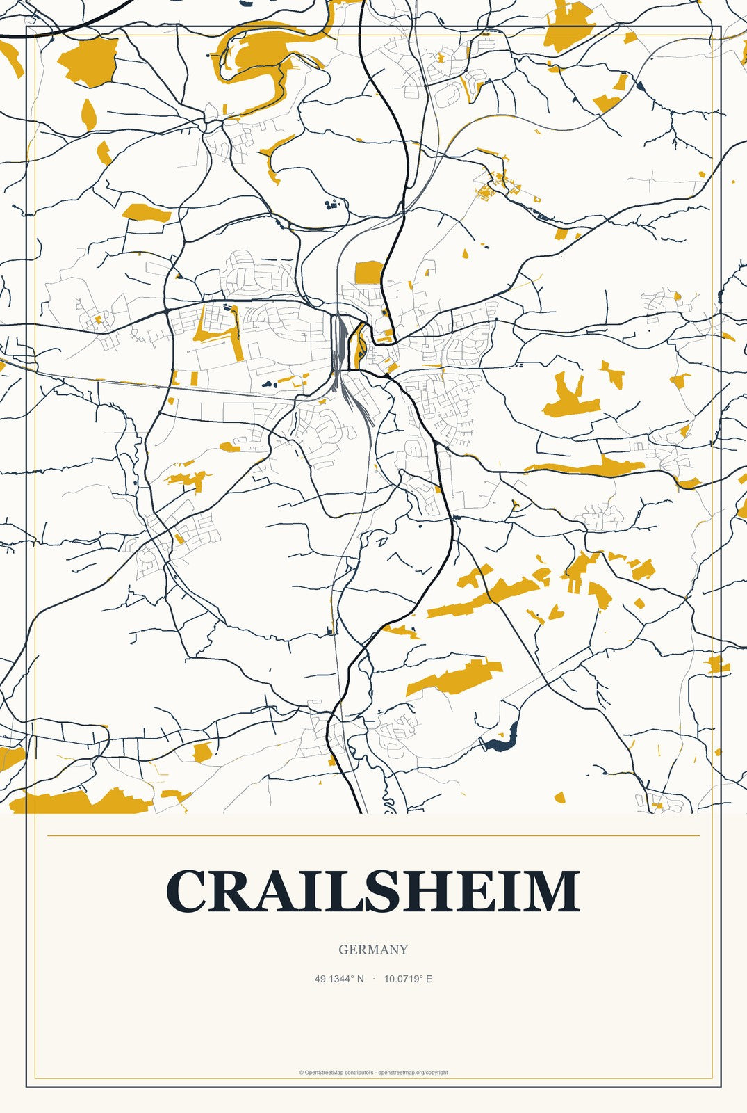 Crailsheim, Germany City Map Aluminum Sign in Citrine Modern style