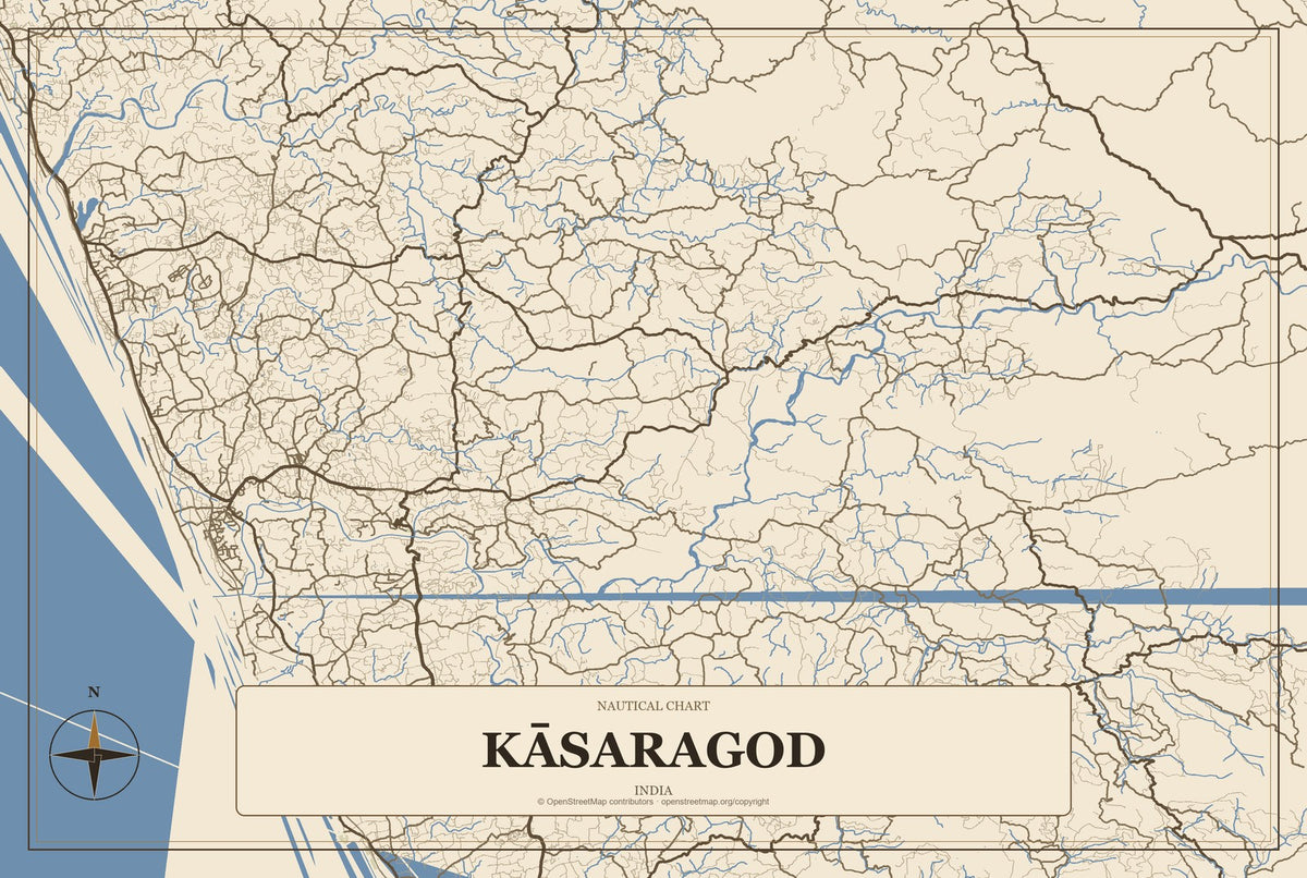 Kāsaragod, India City Map Aluminum Sign in Heritage Nautical style