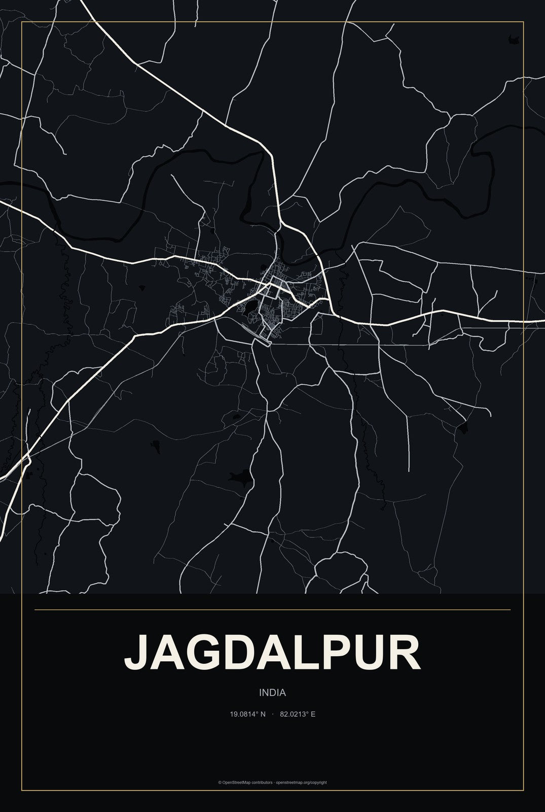 Jagdalpur, India City Map Aluminum Sign in Metropolitan Noir style