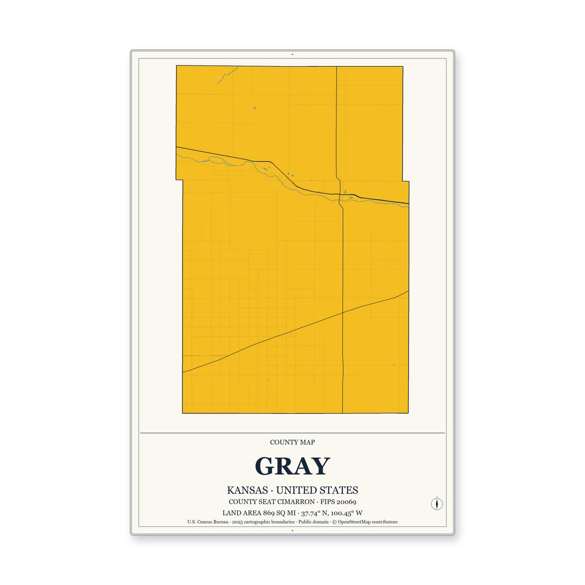 Gray County, Kansas Map Aluminum Sign in Citrine Modern style