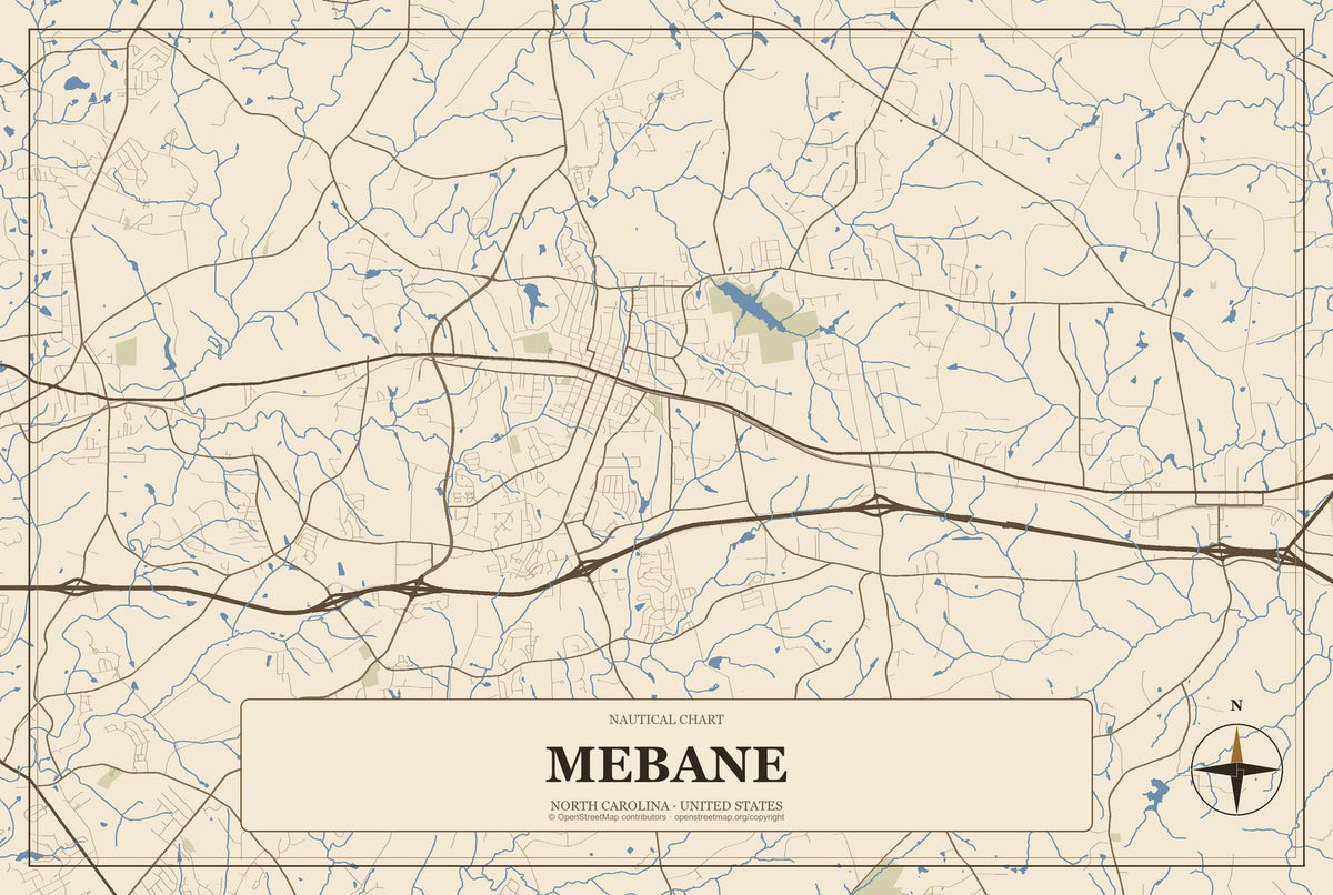 Mebane, North Carolina City Map Aluminum Sign in Heritage Nautical style