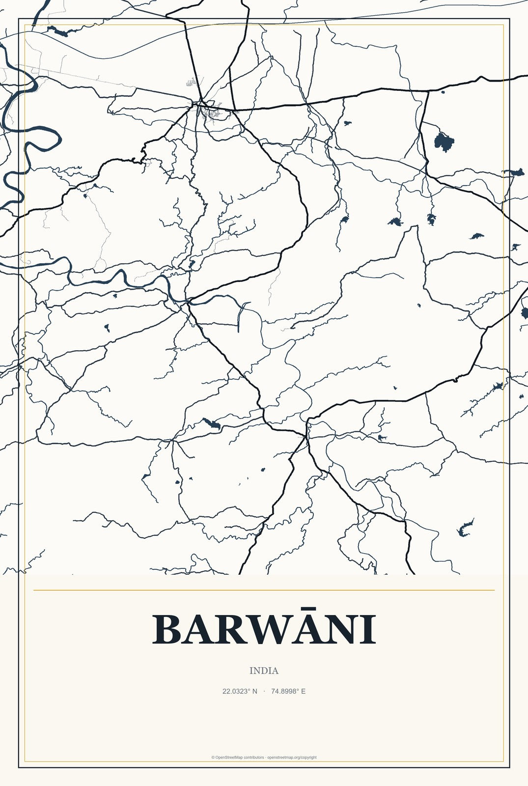 Barwāni, India City Map Aluminum Sign in Citrine Modern style