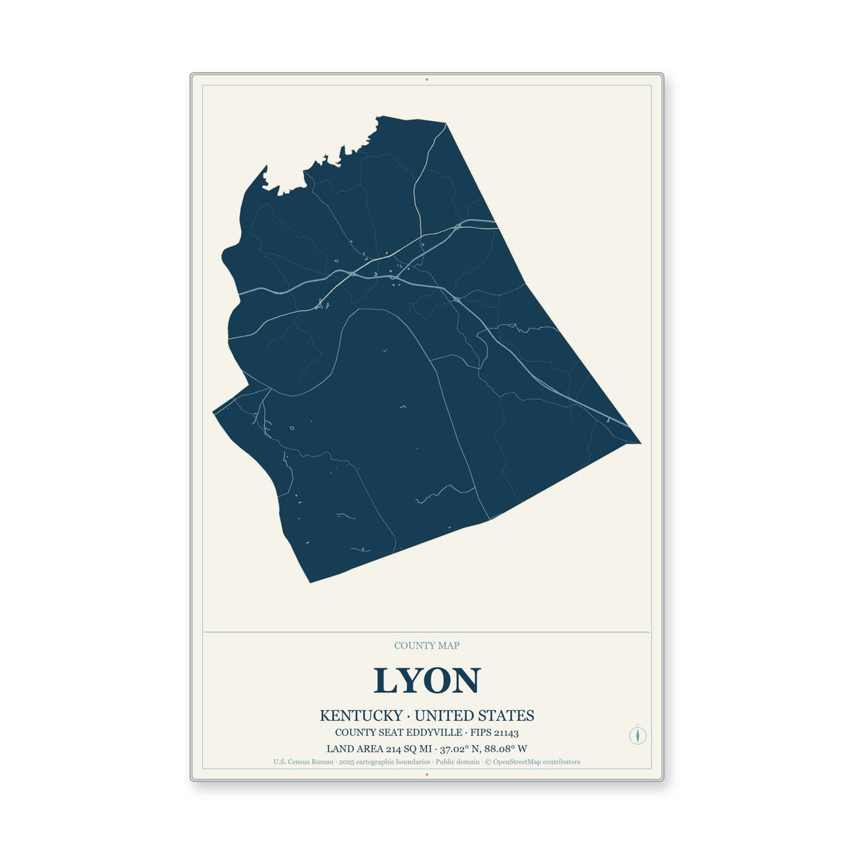Lyon County, Kentucky Map Aluminum Sign in Coastal Cutout style