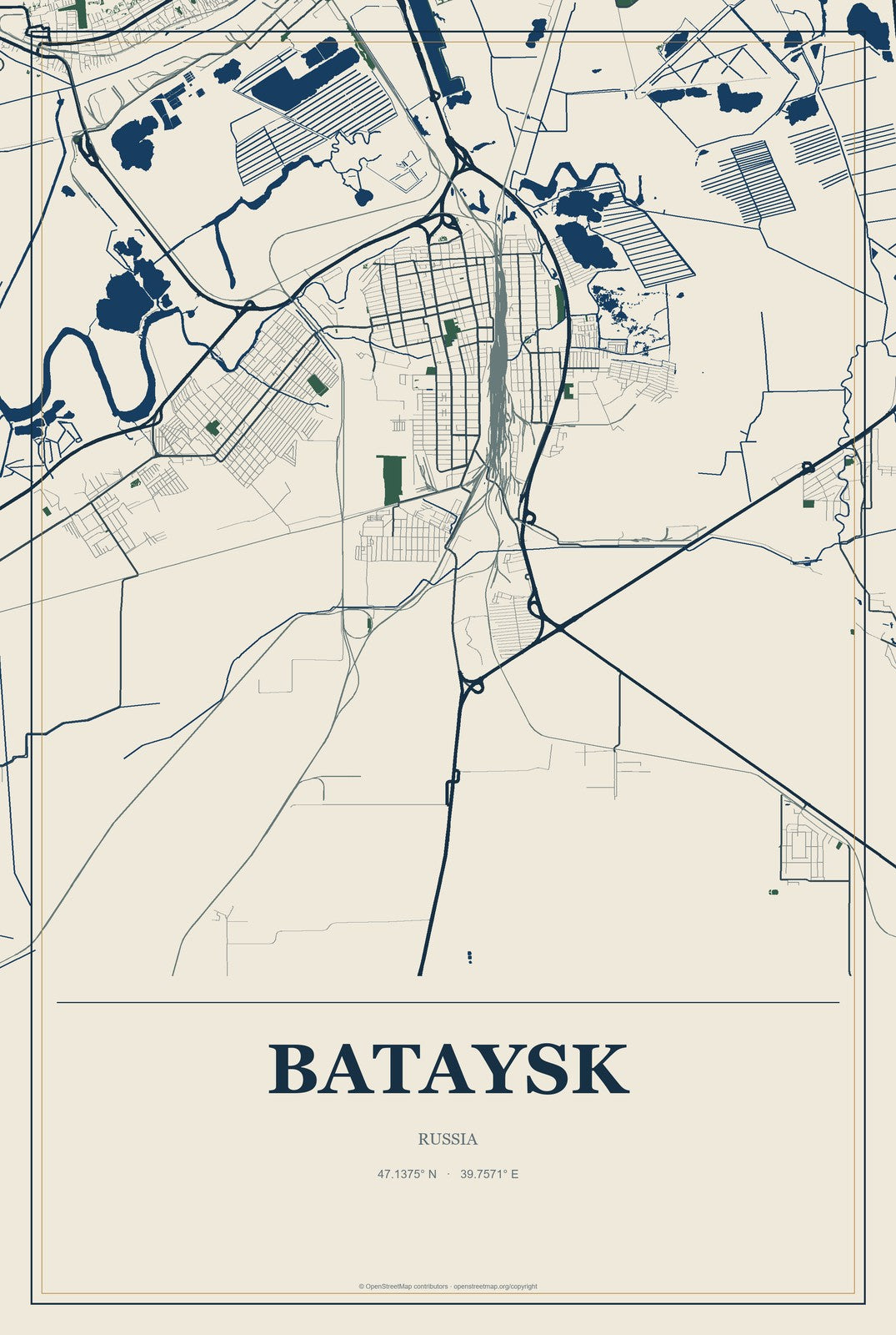 Bataysk, Russia City Map Aluminum Sign in Coastal Cutout style