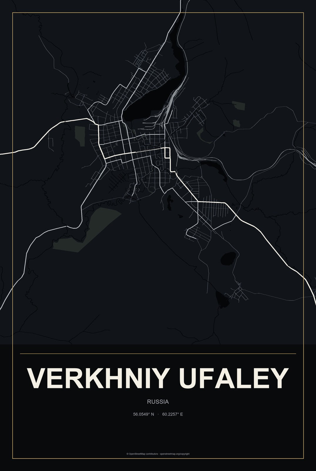 Verkhniy Ufaley, Russia City Map Aluminum Sign in Metropolitan Noir style