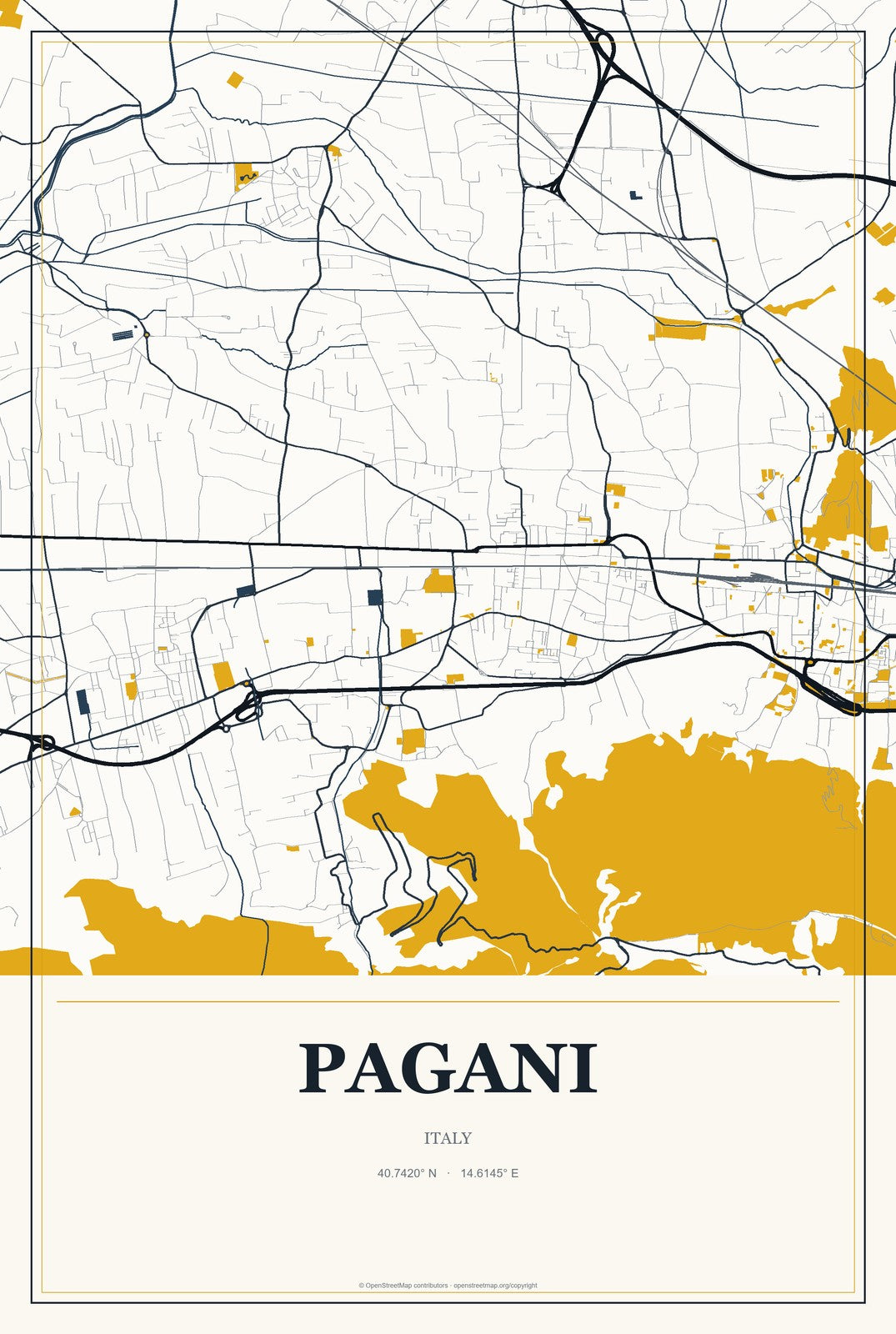 Pagani, Italy City Map Aluminum Sign in Citrine Modern style