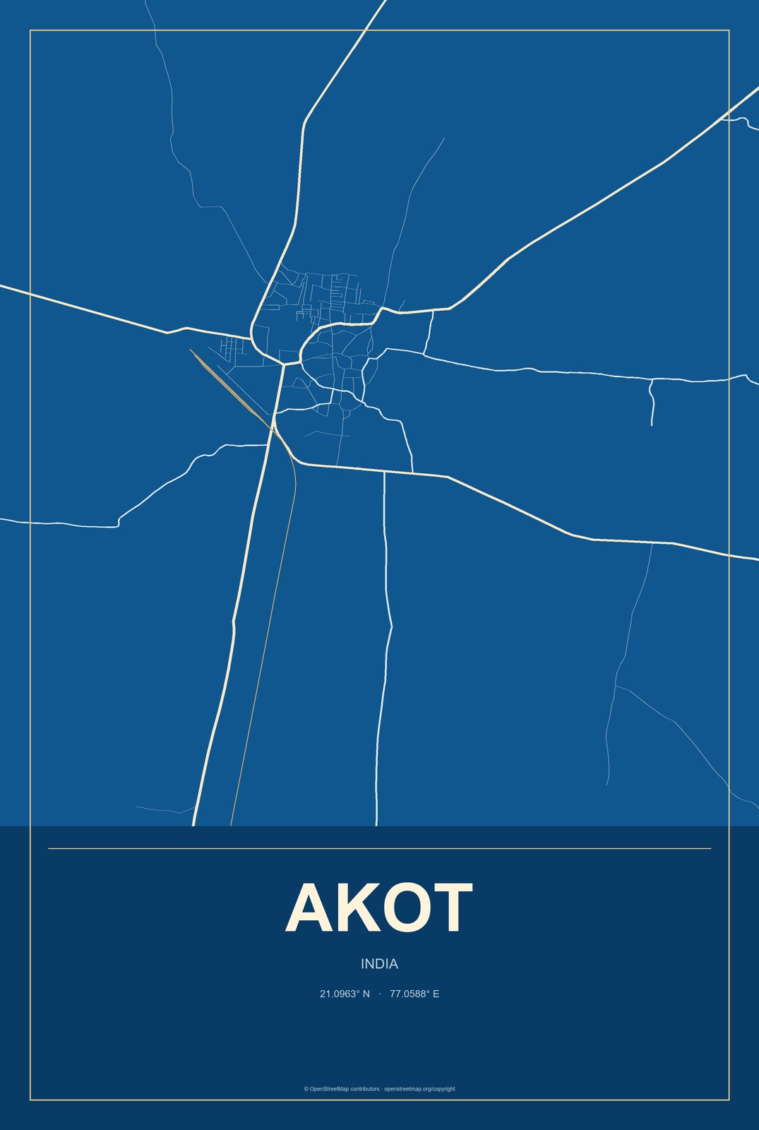 Akot, India City Map Aluminum Sign in Harbor Cobalt style