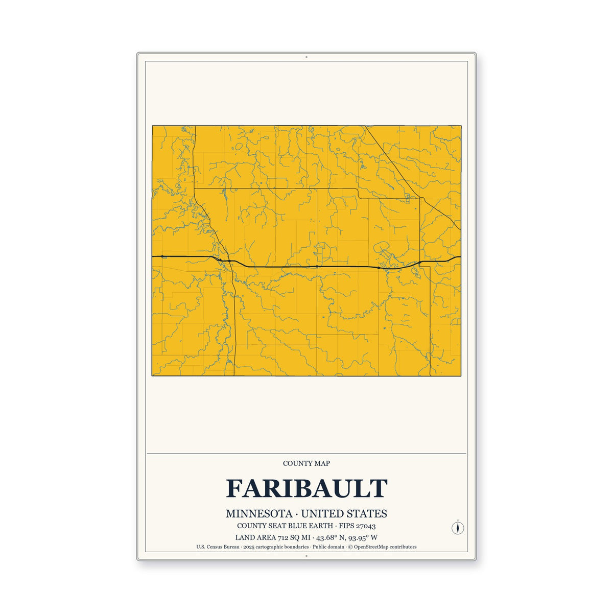 Faribault County, Minnesota Map Aluminum Sign in Citrine Modern style