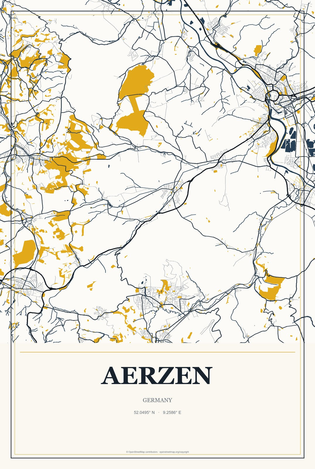 Aerzen, Germany City Map Aluminum Sign in Citrine Modern style