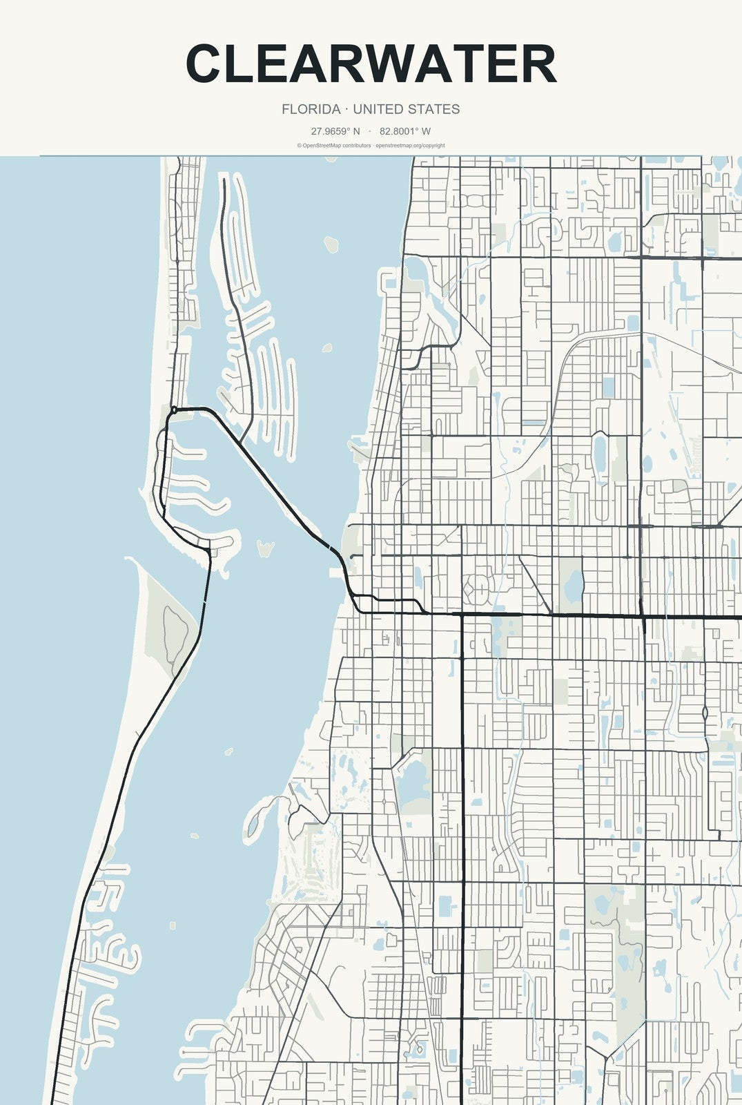 Clearwater, Florida City Map Aluminum Sign in Headline Atlas style
