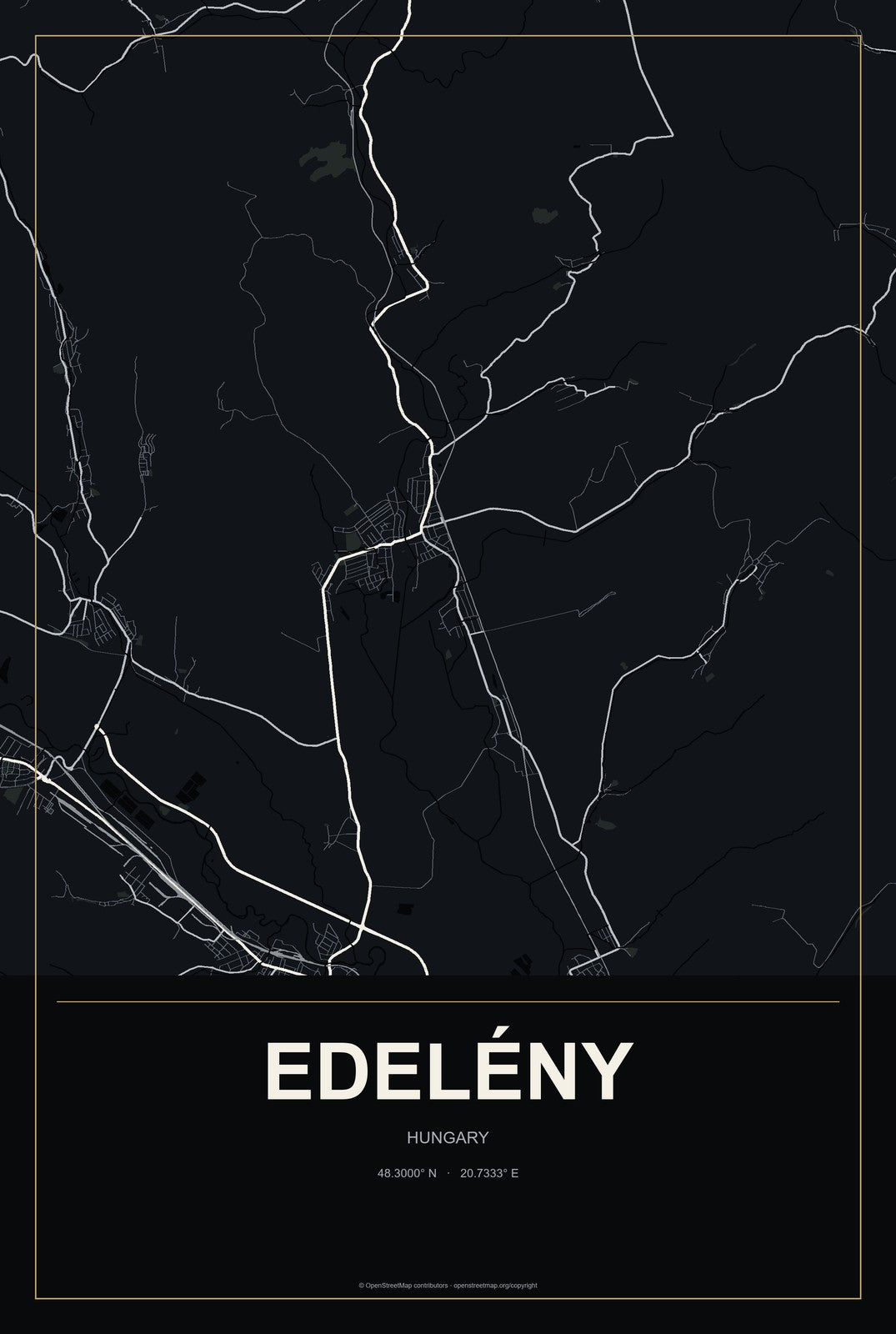 Edelény, Hungary City Map Aluminum Sign in Metropolitan Noir style