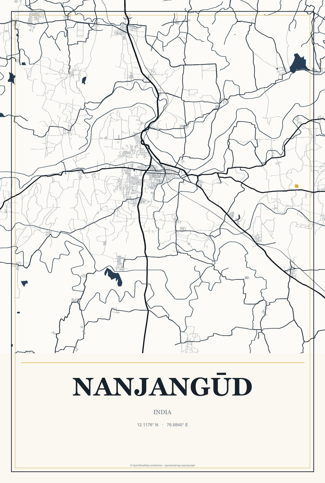 Nanjangūd, India City Map Aluminum Sign in Citrine Modern style