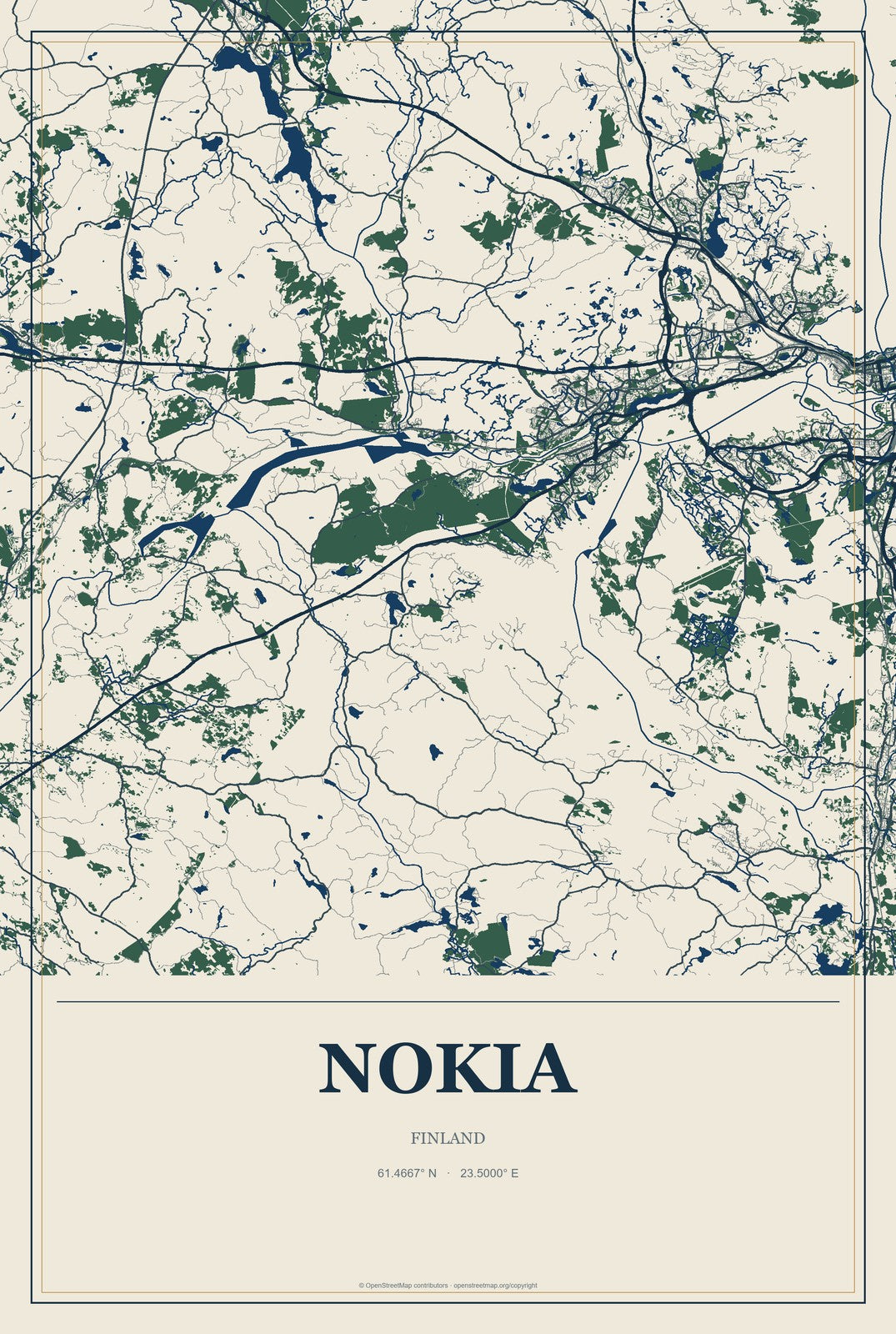 Nokia, Finland City Map Aluminum Sign in Coastal Cutout style