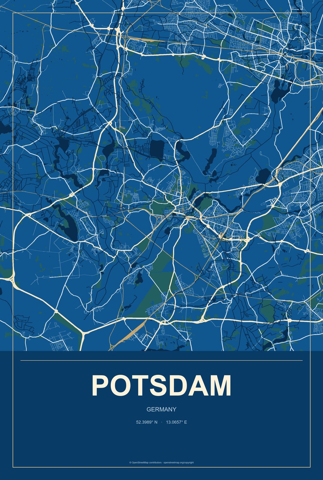 Potsdam, Germany City Map Aluminum Sign in Harbor Cobalt style