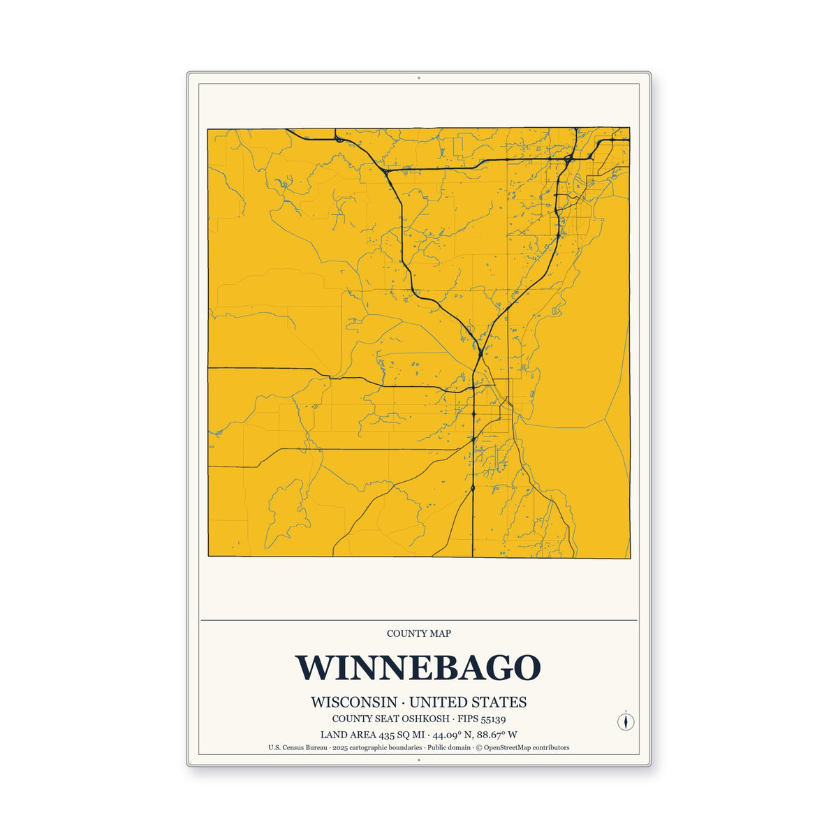 Winnebago County, Wisconsin Map Aluminum Sign in Citrine Modern style