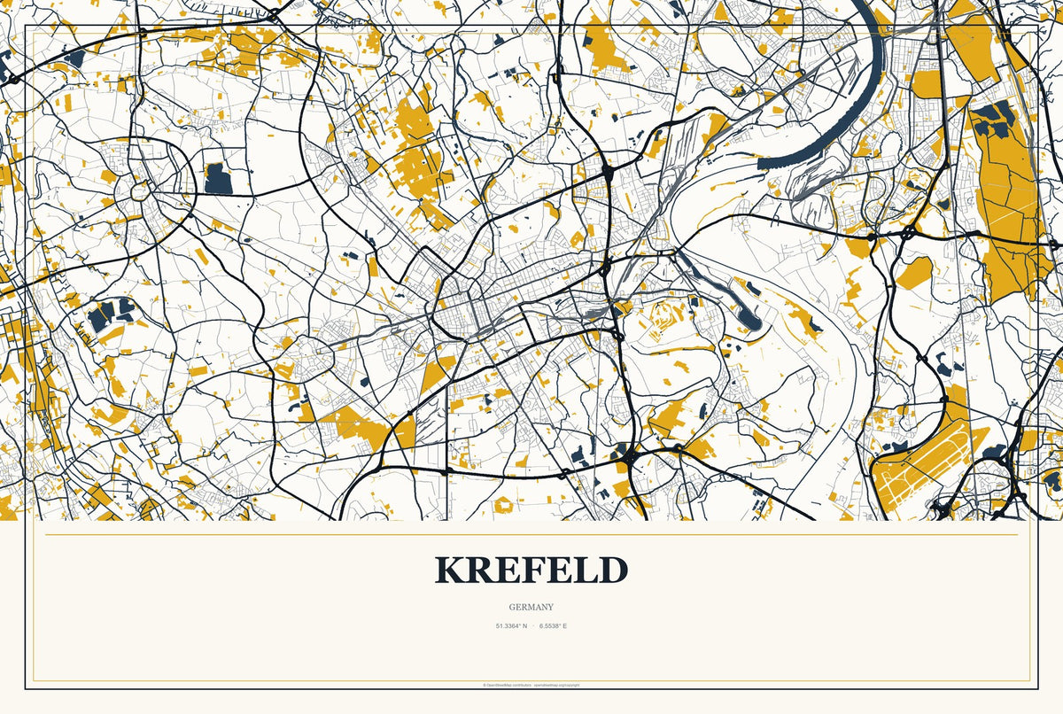 Krefeld, Germany City Map Aluminum Sign in Citrine Modern style