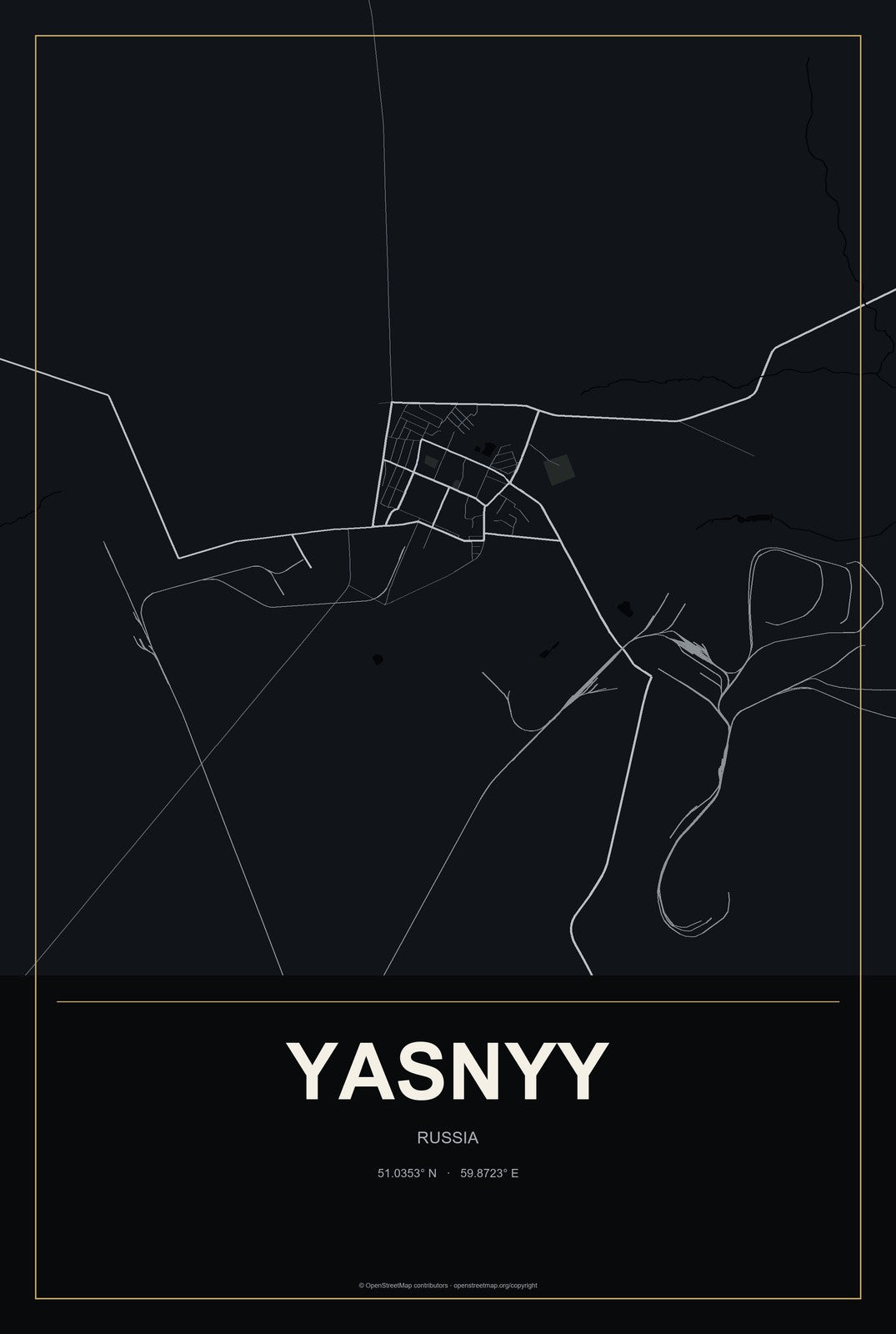 Yasnyy, Russia City Map Aluminum Sign in Metropolitan Noir style