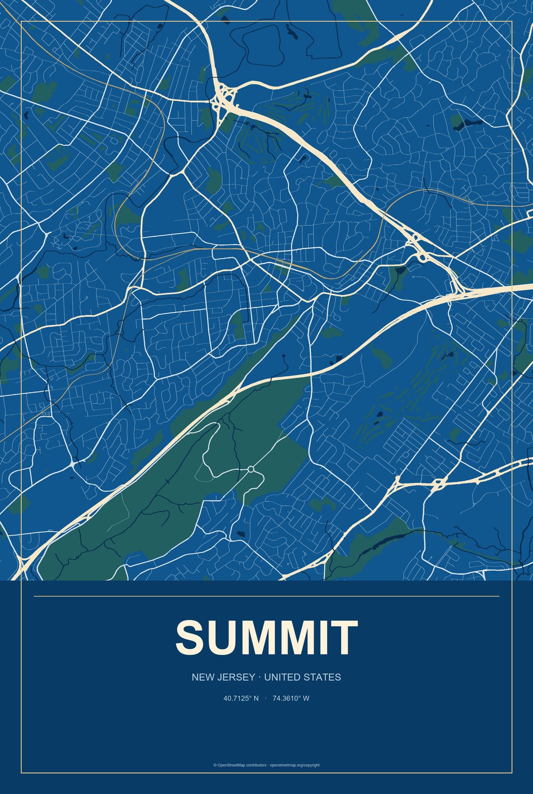 Summit, New Jersey City Map Aluminum Sign in Harbor Cobalt style