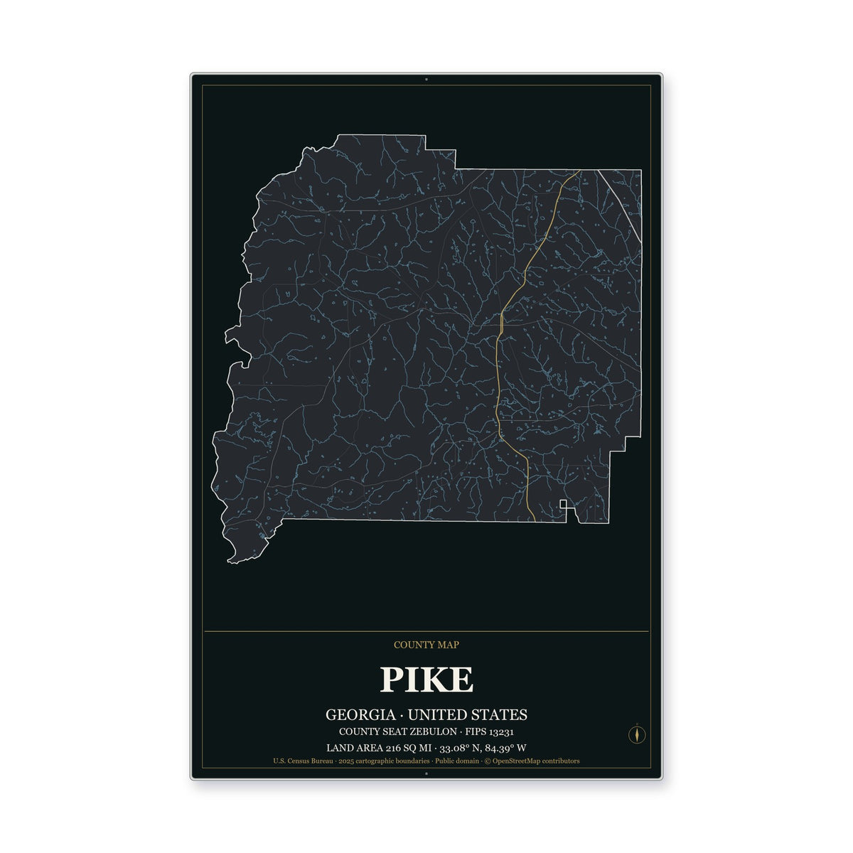 Pike County, Georgia Map Aluminum Sign in Metropolitan Noir style